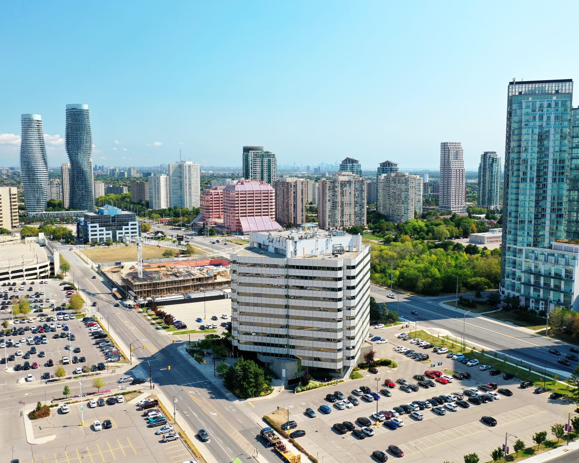 Aerial view of downtown Mississauga with buildings and cityscape