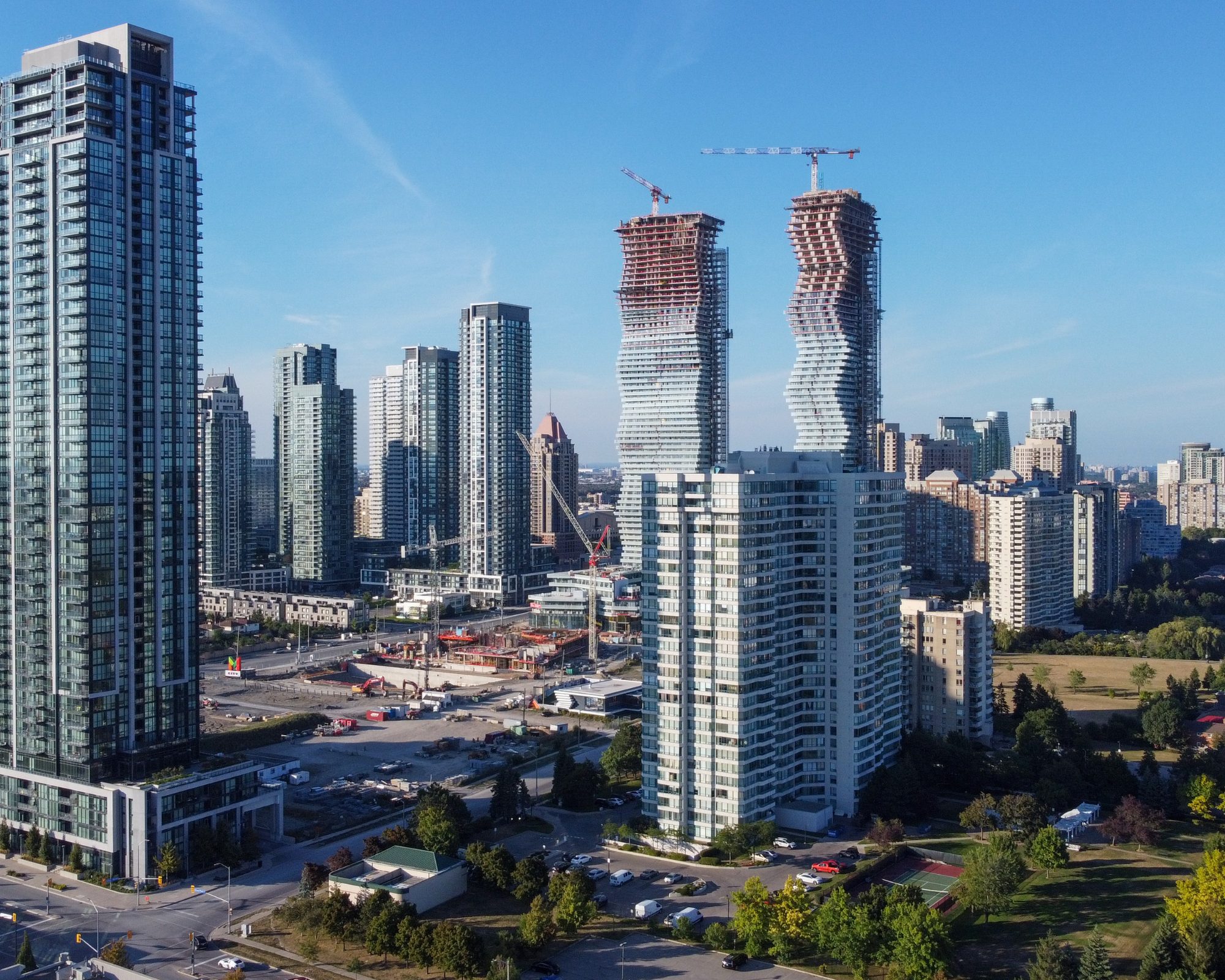 Aerial view of downtown Mississauga featuring condo developments