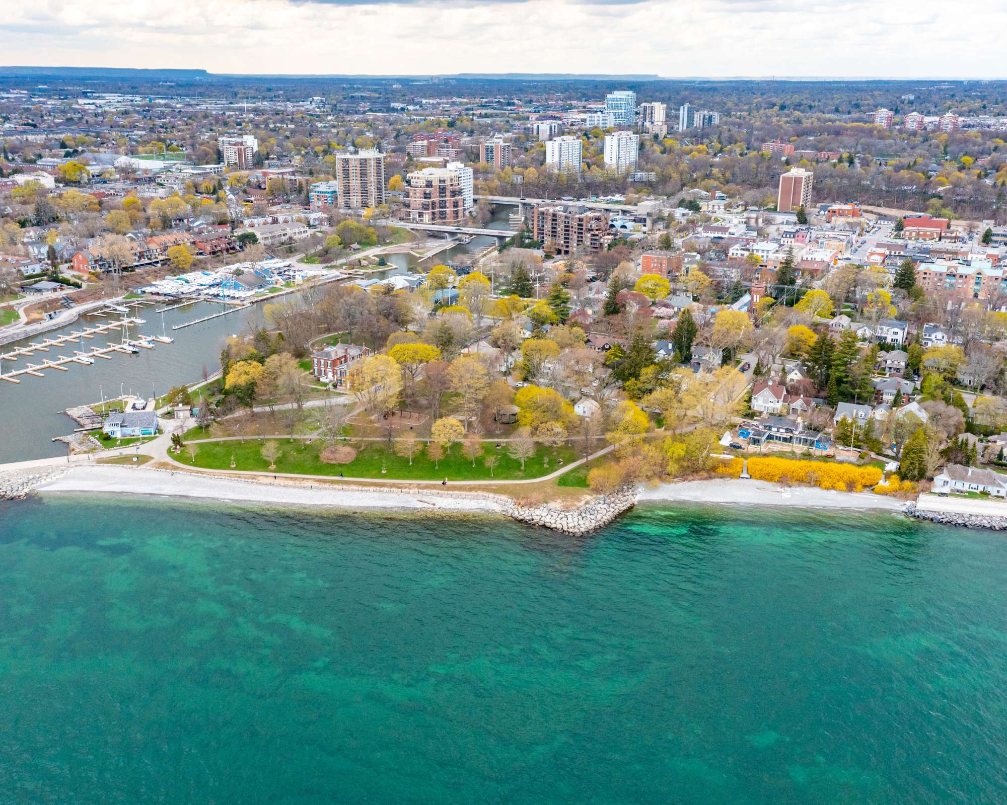 Aerial view of Lakeside Park and Lake Ontario with parkland and water
